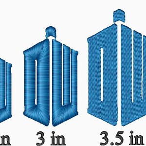 May include: Five blue embroidered TARDIS designs in different sizes: 2 inches, 2.5 inches, 3 inches, 3.5 inches, and 4 inches.
