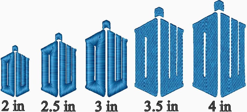 May include: Five blue embroidered TARDIS designs in different sizes: 2 inches, 2.5 inches, 3 inches, 3.5 inches, and 4 inches.
