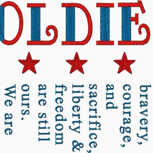 Pode incluir: Um desenho bordado em vermelho, branco e azul que diz "SOLDIER". Cinco estrelas vermelhas estão acima do texto. Abaixo das estrelas há uma mensagem de gratidão para os soldados, "Porque da sua bravura, coragem e sacrifício, a liberdade e a liberdade ainda são nossas. Somos profundamente gratos."