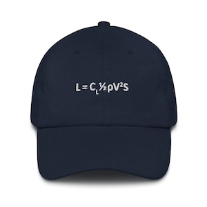 May include: A navy blue baseball cap with white embroidery that reads "L = C_L 1/2 ρV^2 S".