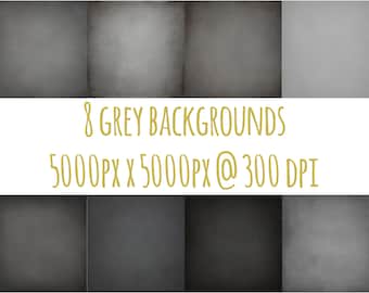 May include: Eight grey backgrounds with varying shades of grey. The image includes text that reads "8 GREY BACKGROUNDS 5000PX X 5000PX @ 300 DPI". The backgrounds are suitable for digital art or photography.