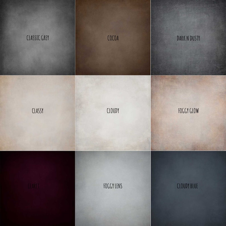 May include: Nine different color swatches of textured backgrounds. The swatches are labeled with the following names: Classic Grey, Cocoa, Dark N Dusty, Classy, Cloudy, Foggy Glow, Claret, Foggy Lens, and Cloudy Blue.