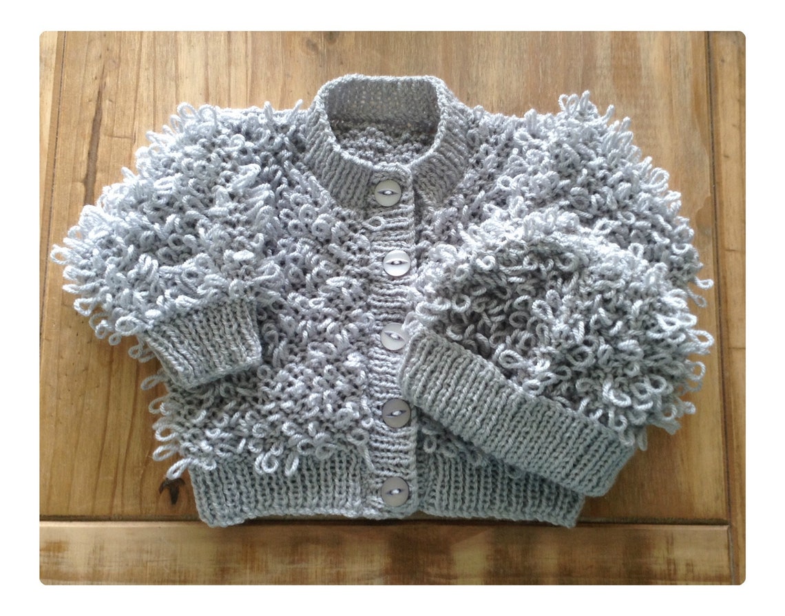Hand knitted silver/grey loopy baby cardigan and hat set Etsy