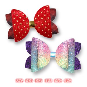 May include: Two hair bows, one red with gold polka dots and one with a rainbow glitter pattern. The bows are made of fabric and have a layered design.