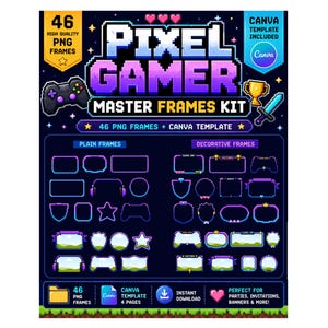 May include: A digital graphic set titled Pixel Gamer Master Frames Kit featuring 46 PNG frames and a Canva template. The design includes pixelated elements like a game controller, trophy, and sword in purple, blue, and yellow on a dark background.