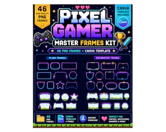 Puede incluir: Un conjunto gráfico digital titulado Pixel Gamer Master Frames Kit que incluye 46 marcos PNG y una plantilla de Canva. El diseño presenta elementos pixelados como un mando de juego, un trofeo y una espada en morado, azul y amarillo sobre fondo oscuro.