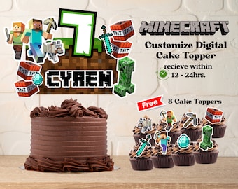 Gioco personalizzato Minecrft Digital Cake Topper / Gioco miniera stampabile Personalizza Cake and cupcake Topper PDF, PNG