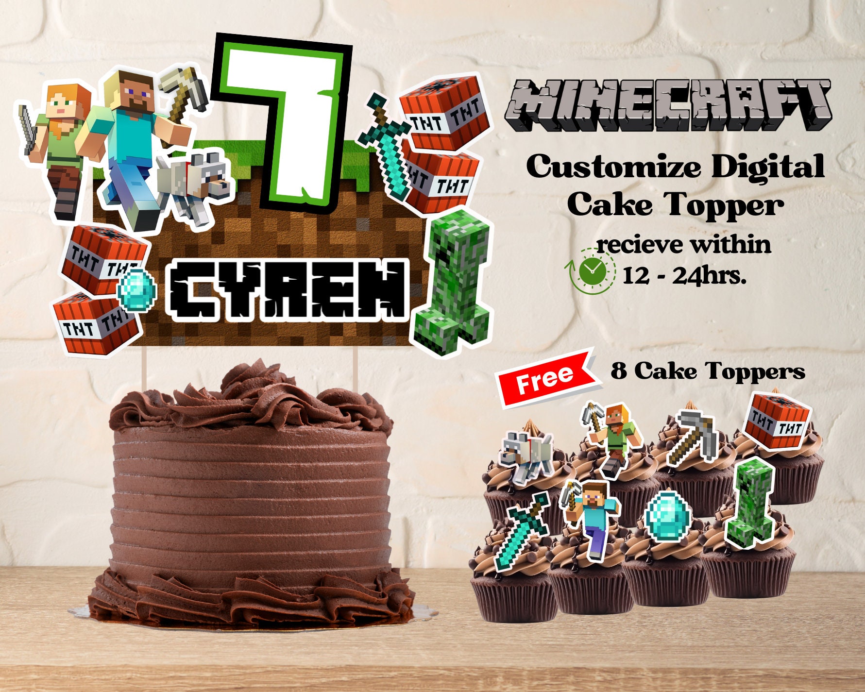 Custom Minecraft Cake Topper and Cupcake Set