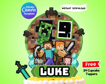 CrftMine Birthday Cake Topper Editable Canva Template | Personalized Digital Download | Boy Gamer Party Decor | Instant Download