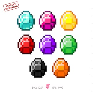 May include: Nine pixelated gemstones in various colors: teal, pink, yellow, red, purple, green, black, and orange. The gemstones are arranged in three rows of three. The top left corner has a red stamp that says "INSTANT DOWNLOAD".