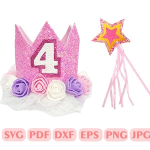 May include: Pink glitter crown with a white number 4 and pink, white, and purple flowers. A pink glitter star wand with a pink ribbon.