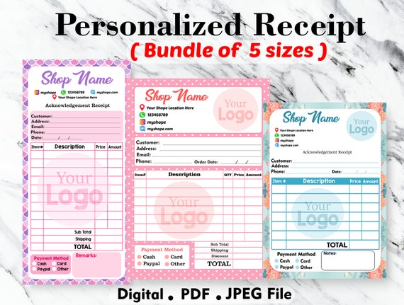 bundle of 5 sizes personalized receipt editable printable etsy