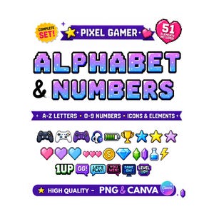 May include: A digital graphic set titled PIXEL GAMER ALPHABET & NUMBERS featuring 51 elements including A-Z letters, 0-9 numbers, and various gaming icons like controllers, hearts, stars, trophies, gems, and speech bubbles with text like 1UP and GG.