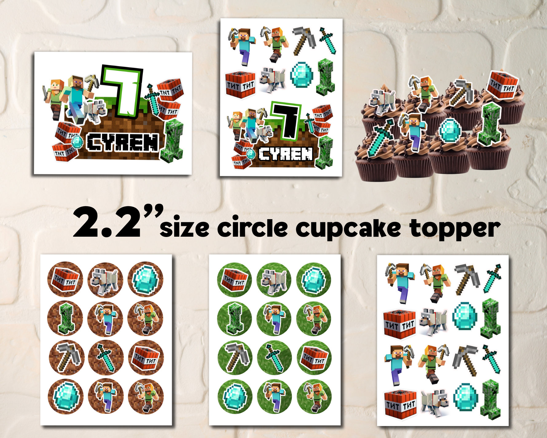 Custom Minecraft Cake Topper and Cupcake Set