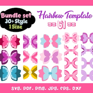 Könnte beinhalten: Ein Set mit 30 Haarspangen-Vorlagen in verschiedenen Farben und Stilen. Der Text "Bundle set 30+ Style 1 Size" und "Hairbow Template" wird oben im Bild angezeigt. Der Text "Svg. PDF. Png. JPg. ePS. DXF" wird unten im Bild angezeigt.