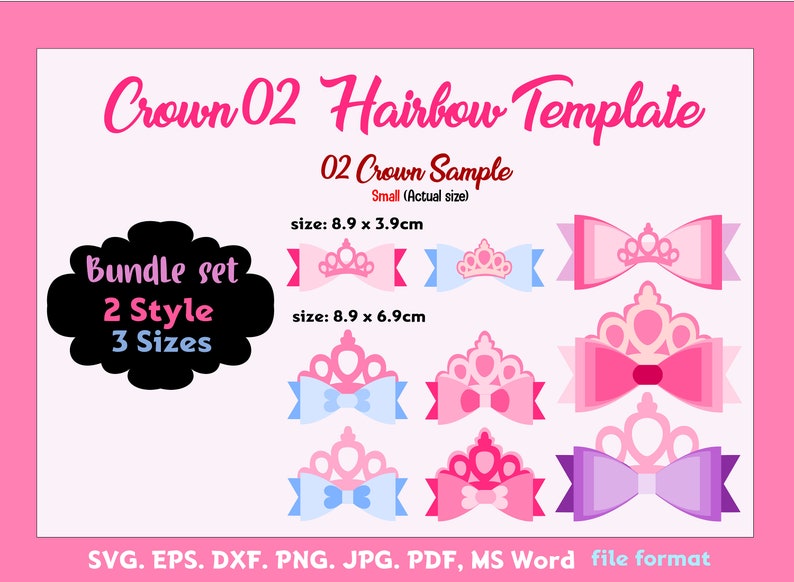 Download Bundle Of 2 Style And 3 Sizes Crown 02 Hair Bow Template Cricut Silhouette Cameo Pdf
