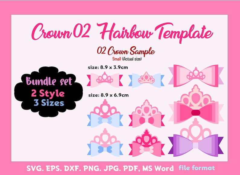 Download Bundle Of 2 Style And 3 Sizes Crown 02 Hair Bow Template Cricut Silhouette Cameo Pdf