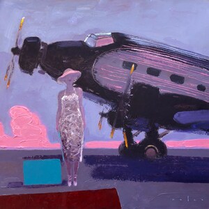 May include: A woman in a white dress stands next to a large, black aeroplane with pink stripes. The aeroplane is on a runway with a pink and purple sky in the background.