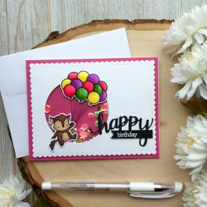 Handgemachte Mädchen Geburtstagskarte: Tier Luftballons Shaker Card