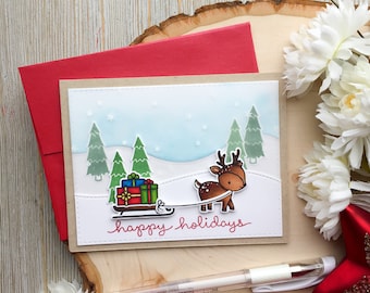 Tarjeta de Navidad hecha a mano, ciervos, renos, Feliz Navidad, Regalos de Navidad, Regalos, Felices Fiestas, Tarjetas de Navidad, Tarjeta de vacaciones