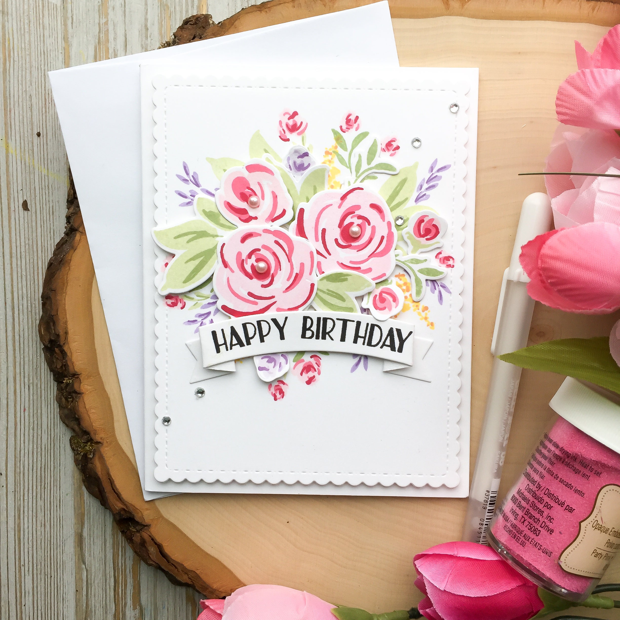 Birthday Card Pretty Pink Flowers Handmade Greeting Card Hand Stamped
