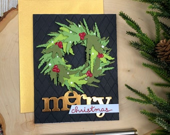 Handmade Christmas Card, Christmas Wreath Cards, Christmas Cards, Handmade Cards, Holiday Cards, Handmade Holiday Cards, Gold Christmas Card