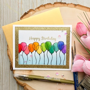 Handgemachte Geburtstagskarte, alles Gute zum Geburtstag, alles Gute zum Geburtstag Karte, handgefertigt, Geburtstag Luftballons, Geburtstagskarte, Gold Geburtstagskarte, Aquarell-Karte