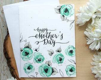 Handmade Mothers Day Card, Flower Cards, Mother Day Card, Handmade Card, Greeting Card, Teal, Mom Card, Card for Mom, Grandma, Grandmother