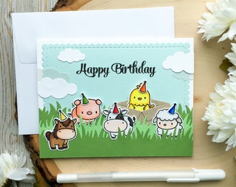 Tarjeta de cumpleaños hecha a mano para niños, regalo de fiesta de cumpleaños de animales, tarjeta de felicitación de cumpleaños hecha a mano para niños, tarjeta de cumpleaños, tarjeta de cumpleaños de animales de granja