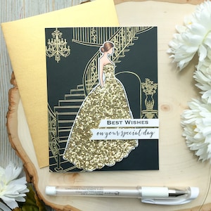 Handmade Glitter Dress Card: Gold Wedding, Birthday Card