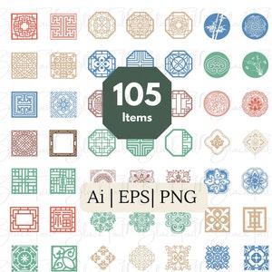 105 elementos ornamentales orientales de colores, elementos decorativos, patrones tradicionales, carácter chino, pegatina circular, descarga digital