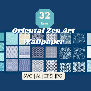32 vectores sin costuras Oriental Zen Art Wallpaper, Fondo tradicional, Elementos decorativos, Patrones ornamentales, svg, Descarga digital
