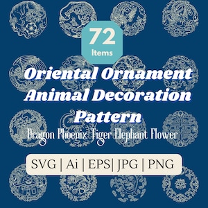72 Oosterse dierlijke sierelementen, decoratieve elementen, traditionele patronen, draak, Phoenix, olifant, SVG, PNG, digitale download