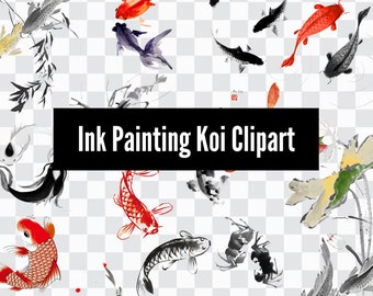 Puede incluir: Clipart de pintura de tinta con peces koi en varias poses y colores, incluyendo rojo, naranja, negro y blanco. Los peces se representan nadando en un entorno acuático estilizado con bambú y flores de loto.