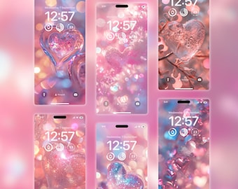 Pink Heart Phone Digital Wallpaper Bundle, Set of 6, All Smartphones, Aesthetic phone background, Canva Editable wallpaper Instant Download