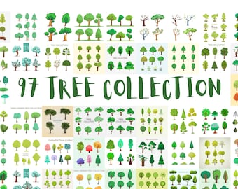 Op de afbeelding: Een verzameling van 97 handgetekende boomillustraties in verschillende stijlen en kleuren. De bomen zijn gerangschikt in een rasterpatroon en omvatten verschillende soorten bomen, zoals dennen, eiken, esdoorns en wilgen.