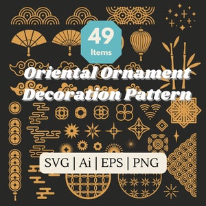 May include: A set of 49 gold oriental ornament and decoration pattern vector illustrations. The illustrations include clouds, fans, lanterns, bamboo, stars, and geometric patterns. The text "SVG | Ai | EPS | PNG" is included in the image.