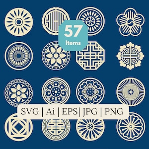 57 Orientalische Ornamentale Elemente, Dekorative Elemente, Traditionelle Muster, Kreis Aufkleber, svg, png, digitaler download