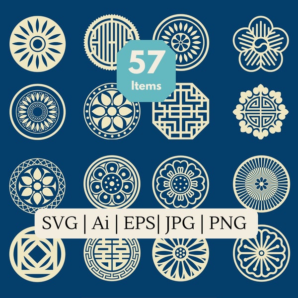 57 Oriental Ornamental Elements, Decorative Elements, Traditional patterns, circle sticker, svg, png, Digital download