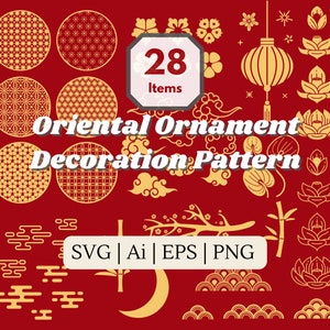 May include: A set of 28 gold oriental ornament and decoration patterns, including clouds, flowers, and geometric designs. The text "28 Items", "Oriental Ornament", "Decoration Pattern", and "SVG | Ai | EPS | PNG" is included in the image.