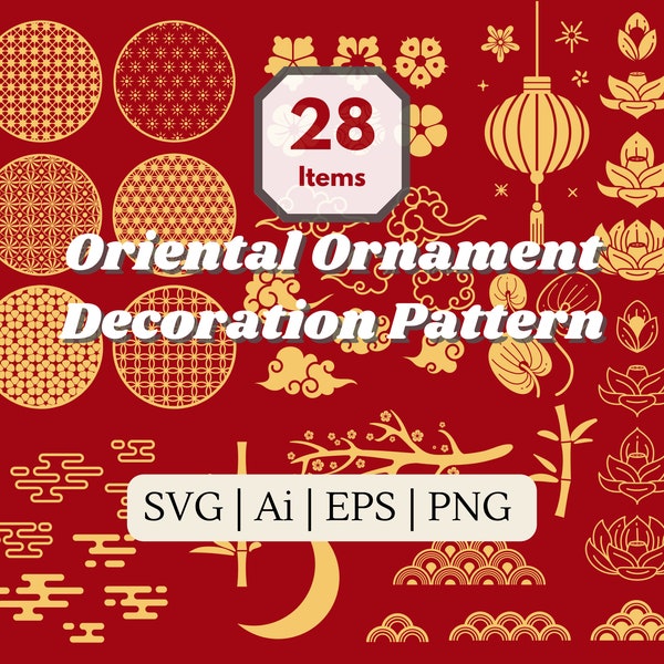 28 Golden Oriental Ornamental Elements, Chinese traditional decoration, patterns|Cloud|Lotus|Bamboo, sticker, svg, png, Digital download