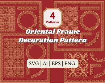 4 designer av gyllene vintage orientaliska | kinesiska dekorationsmönster med ramar i kvadrat, rund, hörn, klistermärke, svg, png, digital nedladdning