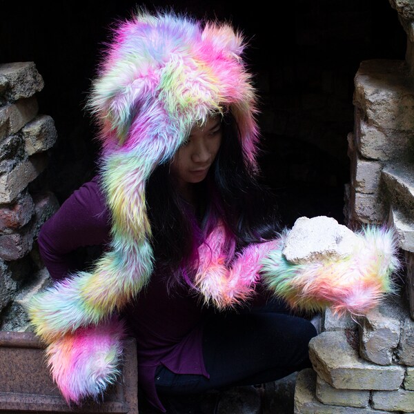 Rainbow Faux Fur Long Hood