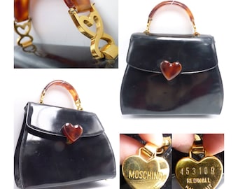MOSCHINO Patent Black Leather Handbag / Shoulder Bag with Curved Lucite Handle and Gold Heart Shaped Hardware