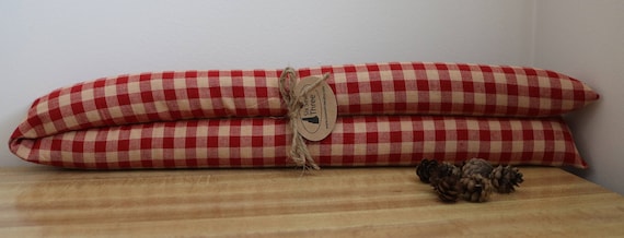 Balsam Fir Filled Window And Door Draft Stopper In Red And Cream Plaid Homespun Fabric Under Door Gap Filler In Campers Light And Dust