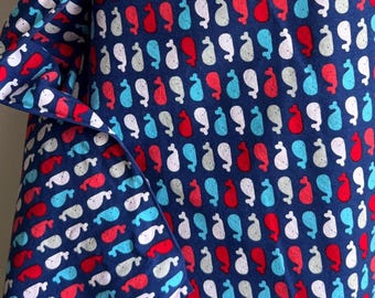 Whale Print Cotton Fabric: Blue, White, and Red