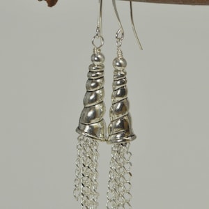 May include: Silver earrings with a spiral design and a chain tassel. The earrings are hanging from a branch.