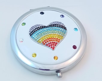 Jeweled Rainbow Heart Compact Mirror