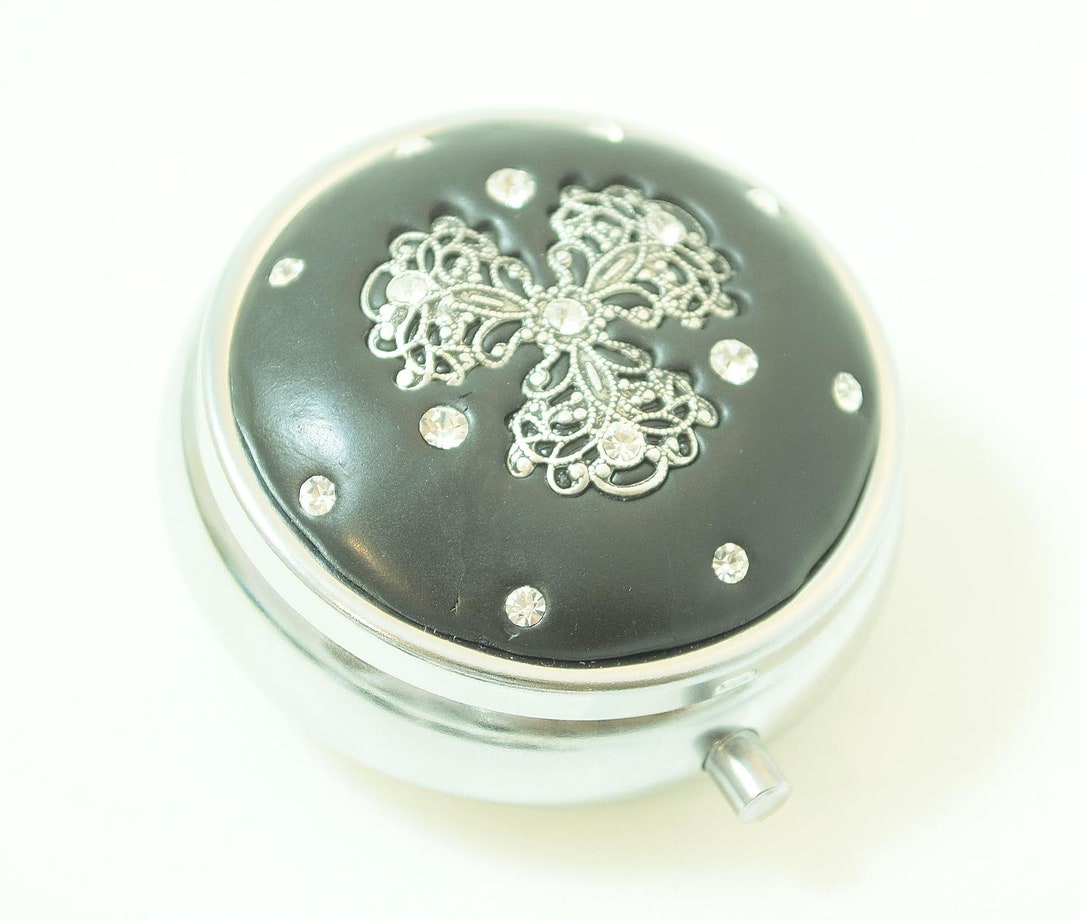 Black Filigree Jeweled Pill Box Etsy