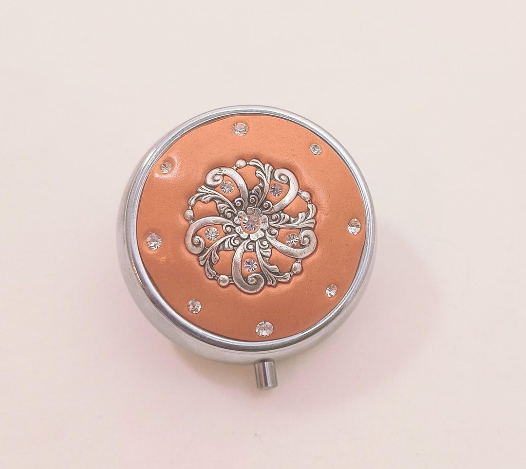 Peach Filigree Jeweled Pill Box Etsy